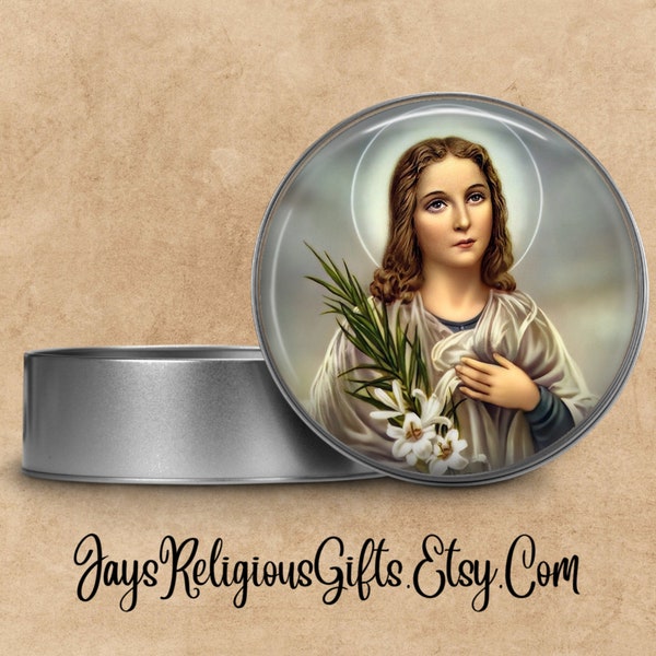 Saint Maria Goretti Rosary Box - Catholic Patron Saint Pill Box for her - Religious Metal Tin for Rosary Beads Gift for Women