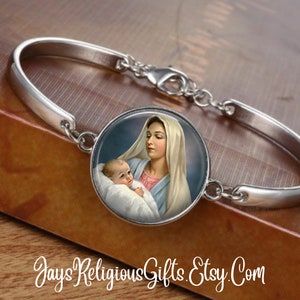 CHOOSE FINISH - Blessed Virgin Mother Mary Cuff Bracelet - Catholic Rosary Bracelet for Women - Religious Saint Jewelry Gift for her