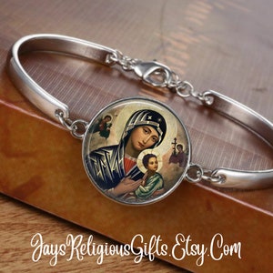 CHOOSE FINISH - Our Lady of Perpetual Help Cuff Bracelet - Catholic Rosary Bracelet for Women - Religious Saint Jewelry Gift for her