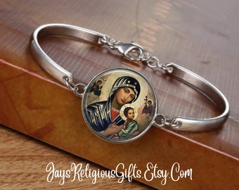 CHOOSE FINISH - Our Lady of Perpetual Help Cuff Bracelet - Catholic Rosary Bracelet for Women - Religious Saint Jewelry Gift for her