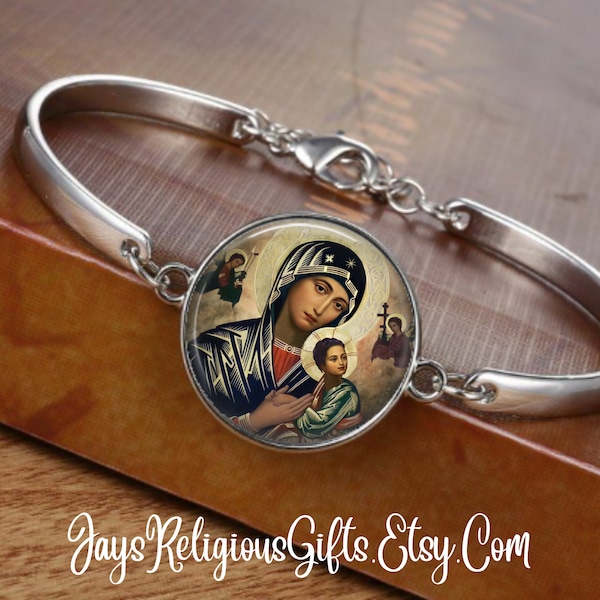 Bronze or Silver - Our Lady of Perpetual Help Photo Cuff Bracelet - Catholic Patron Saint Gift for her - Religious Jewelry Gift for Women