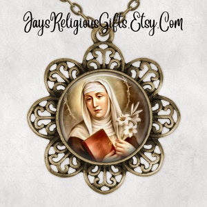 Silver or Bronze - Saint Catherine of Siena Flower Necklace - Catholic Necklace Pendant Gift for her - Religious Jewelry Gift for Women