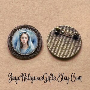 SMALL - Blessed Virgin Mother Mary Bronze Round Brooch - Catholic Patron Saint Brooch Gift for her - Religious Jewelry Pin Gift for Women