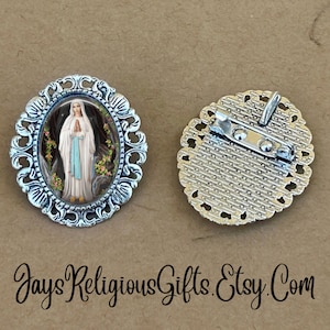 LARGE - Our lady of Lourdes Silver Brooch - Religious Portrait Jewelry Pin Gift for Women - Catholic Patron Saint Medal Jewelry Gift for her
