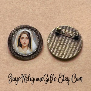 SMALL - Rose Mystica Bronze Round Brooch - Catholic Patron Saint Brooch Gift for her - Religious Virgin Mary Jewelry Pin Gift for Women