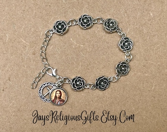 Silver or Bronze - Saint Mary Magdalene Rose Bracelet - Catholic Rosary Bracelet for her - Religious Patron Saint Jewelry Gift for Women