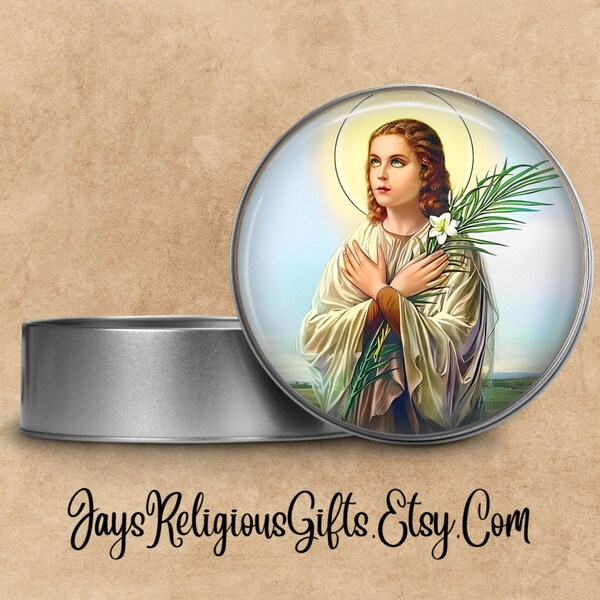 Saint Maria Goretti Rosary Box - Catholic Patron Saint Pill Box for her - Religious Metal Tin for Rosary Beads Gift for Women