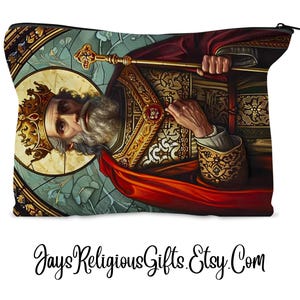 May include: A colorful illustration of a king wearing a crown and ornate robes. The image is set against a stained glass background with a gold scepter.