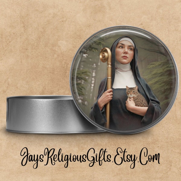 Saint Gertrude of Nivelles Rosary Box - Catholic Patron Saint Pill Box Case for her - Religious Metal Tin for Rosary Beads Gift for Women