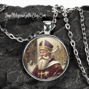 Saint Nicholas of Bari Silver Necklace - Catholic Patron Saint Pendant Gift for a Child - Religious Photo Jewelry Gift for Children