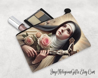 Saint Therese of Lisieux Large Pouch - Custom zippered Pencil Case for her - Catholic Saint Case for Makeup - Religious Gift for Women