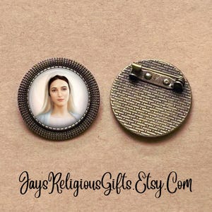 SMALL - Our Lady of Medjugorje Bronze Round Brooch - Catholic Saint Medal Brooch Gift for her - Religious Jewelry Pin Gift for Women