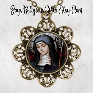 Silver or Bronze - Saint Brigid of Ireland Flower Necklace - Catholic Photo Pendant Gift for her - Religious Jewelry Gift for Women