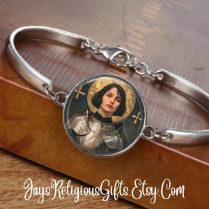 CHOOSE FINISH - Joan of Arc Cuff Bracelet - Catholic Rosary Bracelet for Women - Religious Patron Saint Medal - Jewelry Gift for her