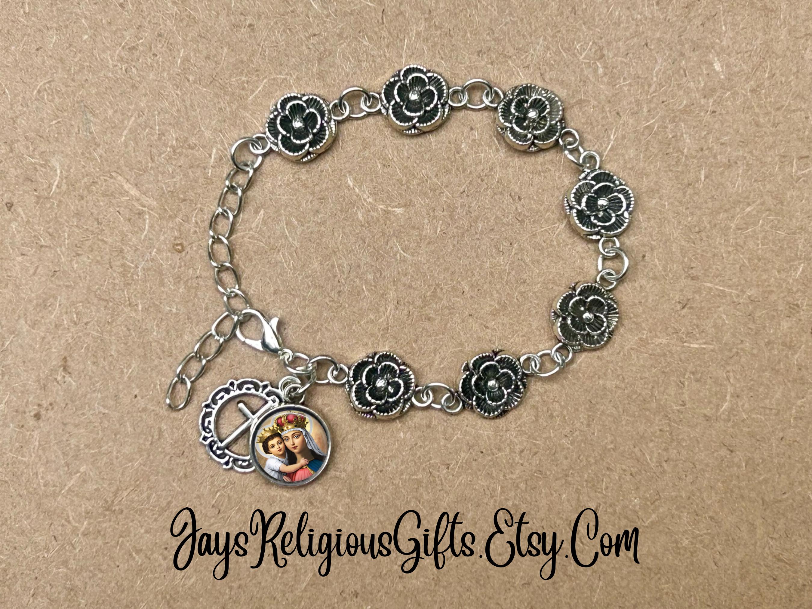 Our Lady of Good Remedy Silver Rose Bracelet - Catholic Rosary Bracelet for Women - Religious Patron Saint Medal - Jewelry Gift for her