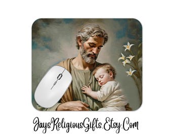 Saint Joseph and Child Large Mousepad - Catholic Patron Saint Mouse Pad for him - Religious Laptop Computer Mousepad Gift for Men