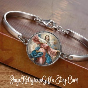 CHOOSE FINISH - The Assumption of the Most Blessed Virgin Mary Cuff Bracelet - Catholic Bracelet for Women - Religious Jewelry Gift for her