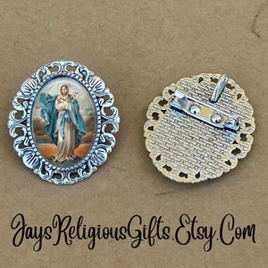 LARGE - Our Lady of Grace Silver Brooch - Religious Portrait Jewelry Pin Gift for Women - Catholic Patron Saint Medal Jewelry Gift for her