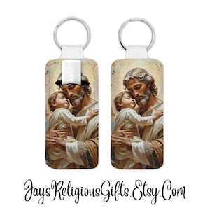 Saint Joseph and Child Lip Balm Holder Keychain with 100% All Natural LIP BALM - Religious Gift for him - Catholic Keychain Gift for Men