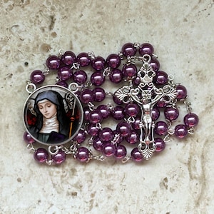 Bronze or Silver - Saint Brigid of Ireland Rosary - 8mm Purple Glass Beads - Catholic Rosary Beads for Women - Religious Saint Gift for her