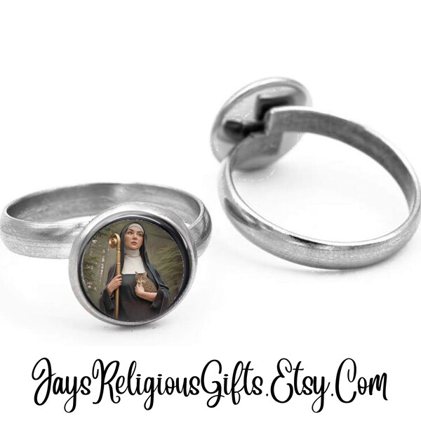 Saint Gertrude of Nivelles Stainless Steel Ring - Religious Rosary Adjustable Ring for her - Catholic Photo Jewelry Gift for Women