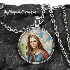 Saint Catherine of Alexandria Silver Necklace - Catholic Patron Saint Pendant Gift for him - Religious Photo Jewelry Gift for Men