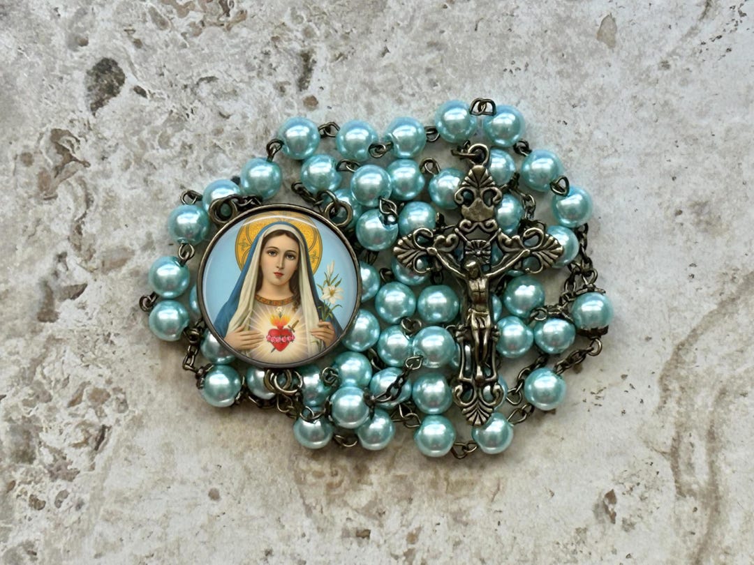 Bronze or Silver - Immaculate Heart of Mary Rosary - 8mm Blue Glass ...