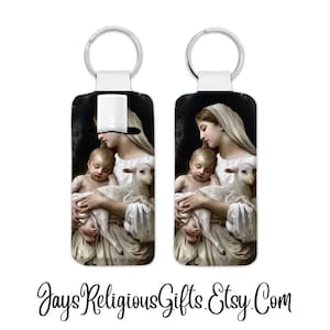 Blessed Virgin Mary and her Lamb Lip Balm Holder Keychain with 100% All Natural LIP BALM - Religious Catholic Saint Keychain Gift for Women
