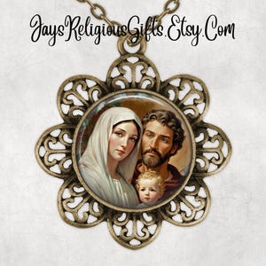 Silver or Bronze - Holy Family Flower Necklace - Catholic Photo Pendant Gift for her - Religious Jewelry Gift for Women
