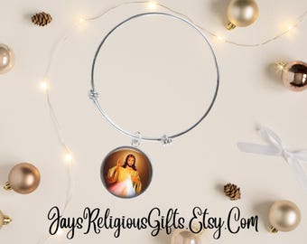 Divine Mercy of Jesus Silver Bangle Bracelet - Catholic Patron Saint Gift for her - Religious Jewelry Gift for Women