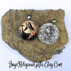LARGE - Saint Rita of Cascia Silver Rose Necklace - Catholic Patron Saint Gift for Women - Religious Flower Necklace Jewelry Gift for her