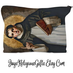 May include: Cosmetic bag featuring a religious painting of a man in a black robe holding a book. The image has a gold halo and is set against a dark background. The text "JaysReligiousGifts.Etsy.Com" is at the bottom.