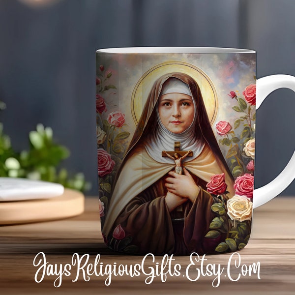 Saint Therese of Lisieux Plastic 11oz Coffee Mug - Catholic Saint Acrylic Tea Cup for her - Religious Drinkware Mug Gift for Women