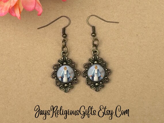 Bronze or Silver Our Lady of Grace Flower Earrings Catholic