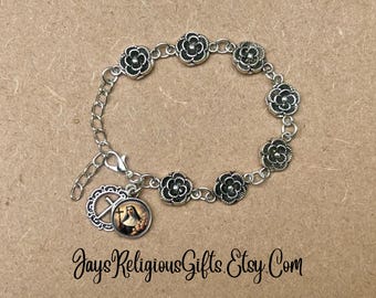 Saint Rita of Cascia Silver Rose Bracelet - Catholic Rosary Bracelet for Women - Religious Patron Saint Medal - Jewelry Gift for her