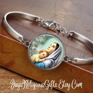 CHOOSE FINISH - Blessed Virgin Mary with Baby Jesus Cuff Bracelet - Catholic Rosary Bracelet for Women - Religious Jewelry Gift for her