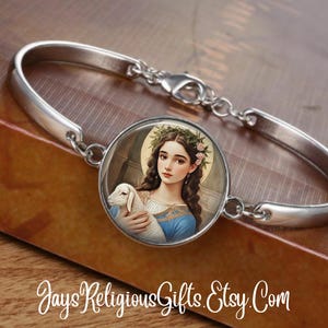 CHOOSE FINISH - Saint Agnes of Rome Cuff Bracelet - Catholic Rosary Bracelet for Women - Religious Patron Saint Jewelry Gift for her