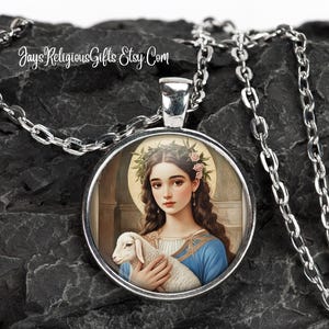 Saint Agnes of Rome Silver Necklace - Catholic Patron Saint Pendant Gift for her - Religious Photo Jewelry Gift for Women