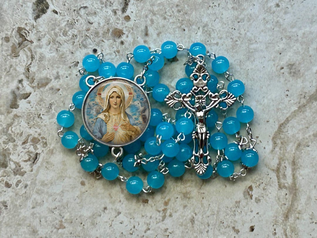Bronze or Silver - Immaculate Heart of Mary Rosary - 8mm Blue Glass ...