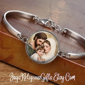 CHOOSE FINISH - Holy Family Cuff Bracelet - Catholic Rosary Bracelet for Women - Religious Patron Saint Medal - Jewelry Gift for her
