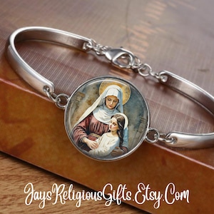 CHOOSE FINISH - Saint Anne with Child Cuff Bracelet - Catholic Rosary Bracelet for Women - Religious Patron Saint Jewelry Gift for her