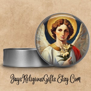 2&quot; Saint Gabriel the Archangel Rosary Box - Catholic Patron Saint Pill Box Case for him - Religious Metal Tin for Rosary Beads Gift for Men