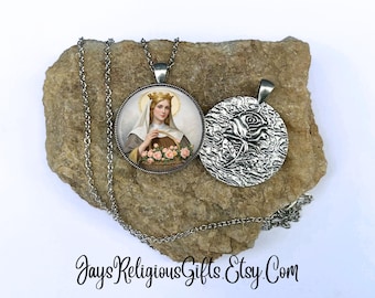 LARGE - Saint Elizabeth of Hungary Silver Rose Necklace - Catholic Jewelry Saint Gift for Women - Religious Flower Necklace Gift for her