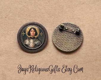 SMALL - Joan of Arc Bronze Round Brooch - Catholic Patron Saint Brooch Gift for her - Religious Jewelry Pin Gift for Women