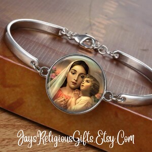 CHOOSE FINISH - Blessed Virgin Mary with Baby Jesus Cuff Bracelet - Catholic Rosary Bracelet for Women - Religious Jewelry Gift for her