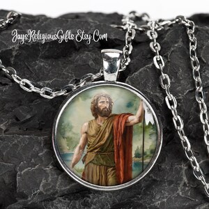 Saint John the Baptist Silver Necklace - Catholic Patron Saint Pendant Gift for him - Religious Photo Jewelry Gift for Men