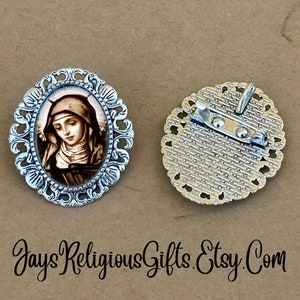 LARGE - Saint Gertrude the Great Silver Brooch - Religious Portrait Jewelry Pin Gift for Women - Catholic Patron Saint Jewelry Gift for her