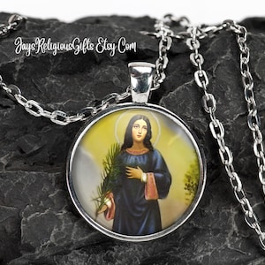 Saint Agatha of Sicily Silver Necklace - Catholic Patron Saint of Breast Cancer Pendant Gift for her - Religious Photo Jewelry for Women