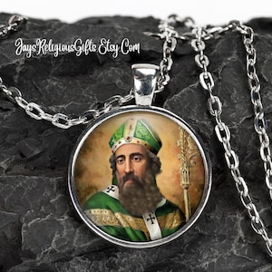 Saint Patrick of Ireland Silver Necklace - Catholic Patron Saint Pendant Gift for him - Religious Photo Jewelry Gift for Men