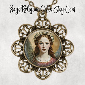 Silver or Bronze - Saint Lucy of Syracuse Flower Necklace - Catholic Photo Pendant Gift for her - Religious Jewelry Gift for Women